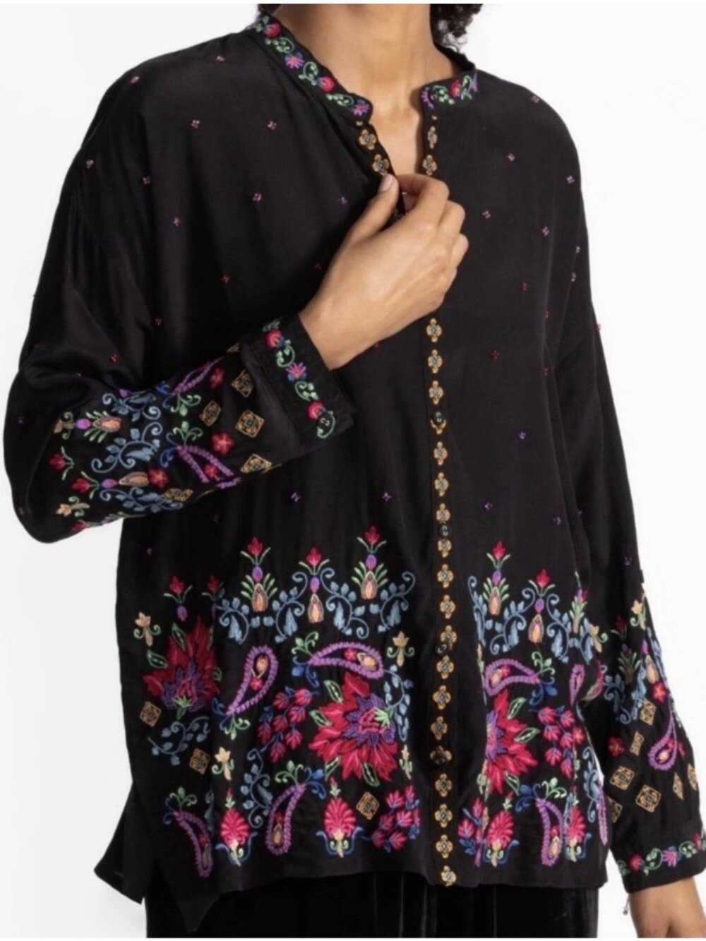 Johnny Was The Audrey Mandarin Collar Shirt Embroidery Floral Black Size PM Silk